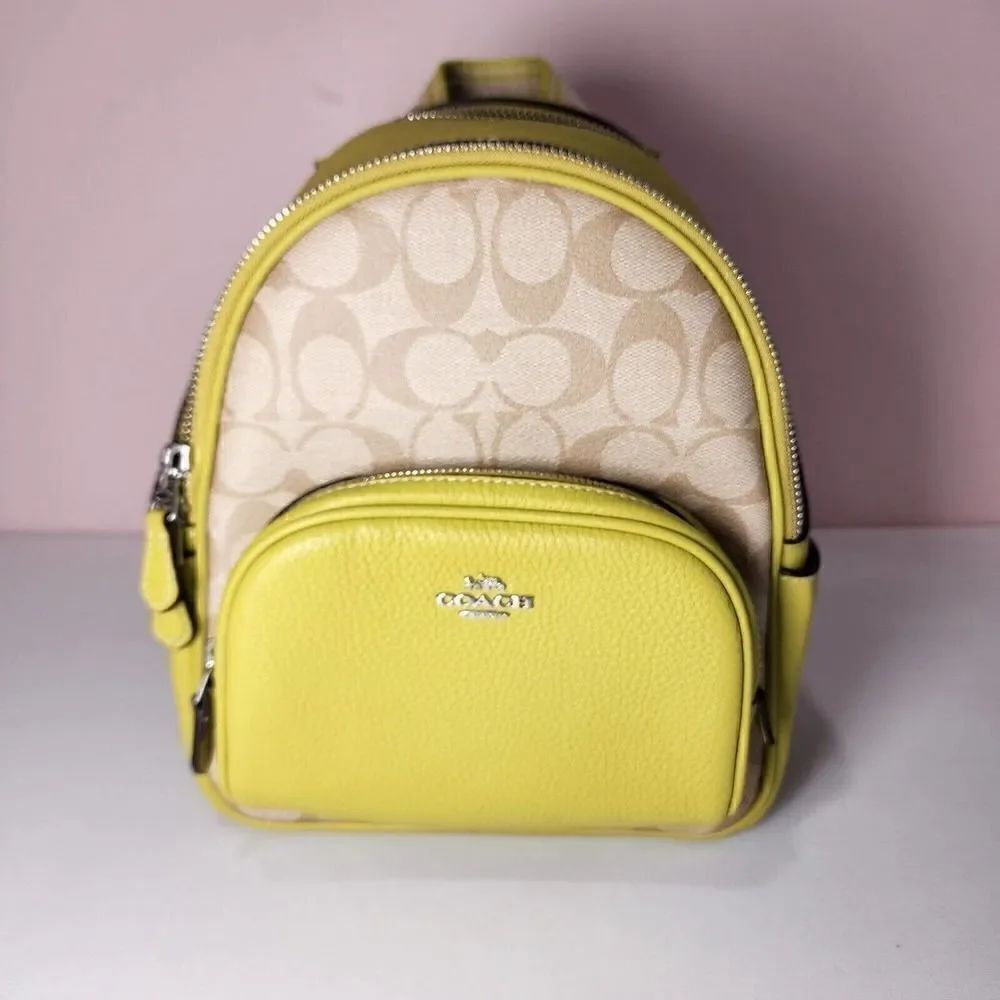 NWT Coach CJ594 Mini Court Backpack Signature Canvas Light Khaki Key Lime